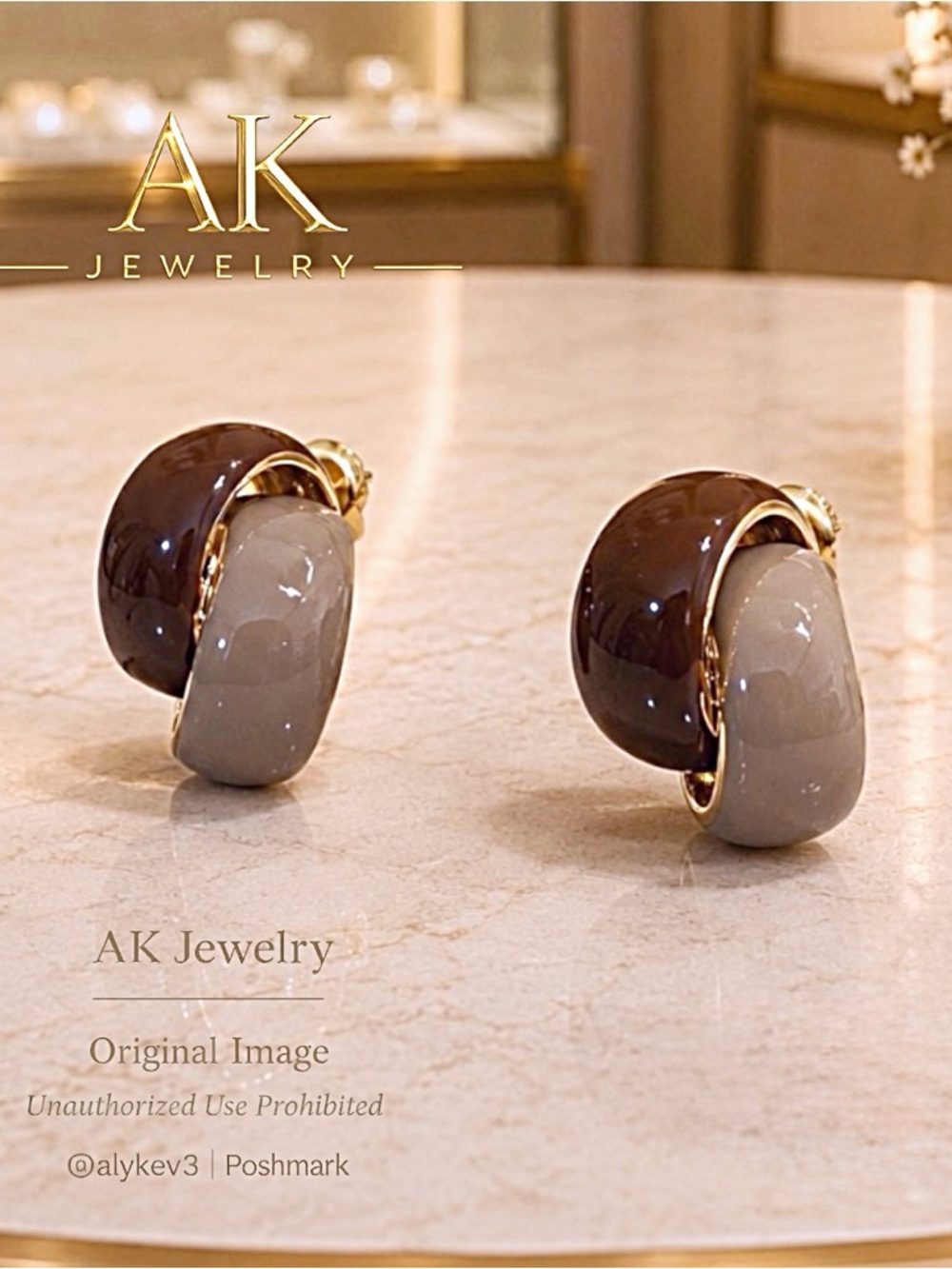 💎 Luxury Sculptural Two-Tone Enamel Hoop Earrings – Mocha & Taupe | AK Jewelry™